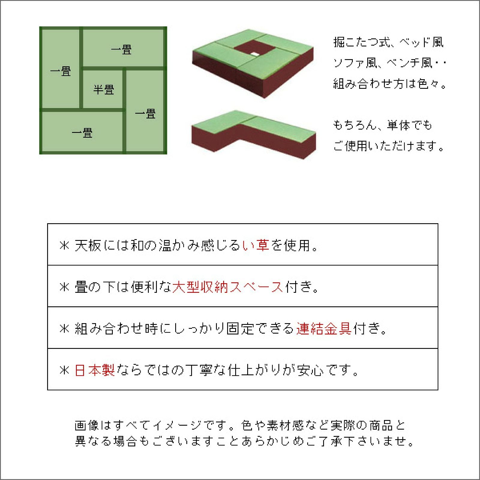 日本製 国産 畳ユニット【畳付き収納ボックス】半畳用１台・一畳用４台