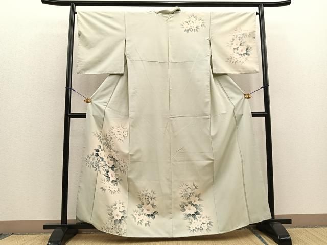 平和屋着物■訪問着　紬地　手描き　草花文　正絹　逸品　BAAO7482ui