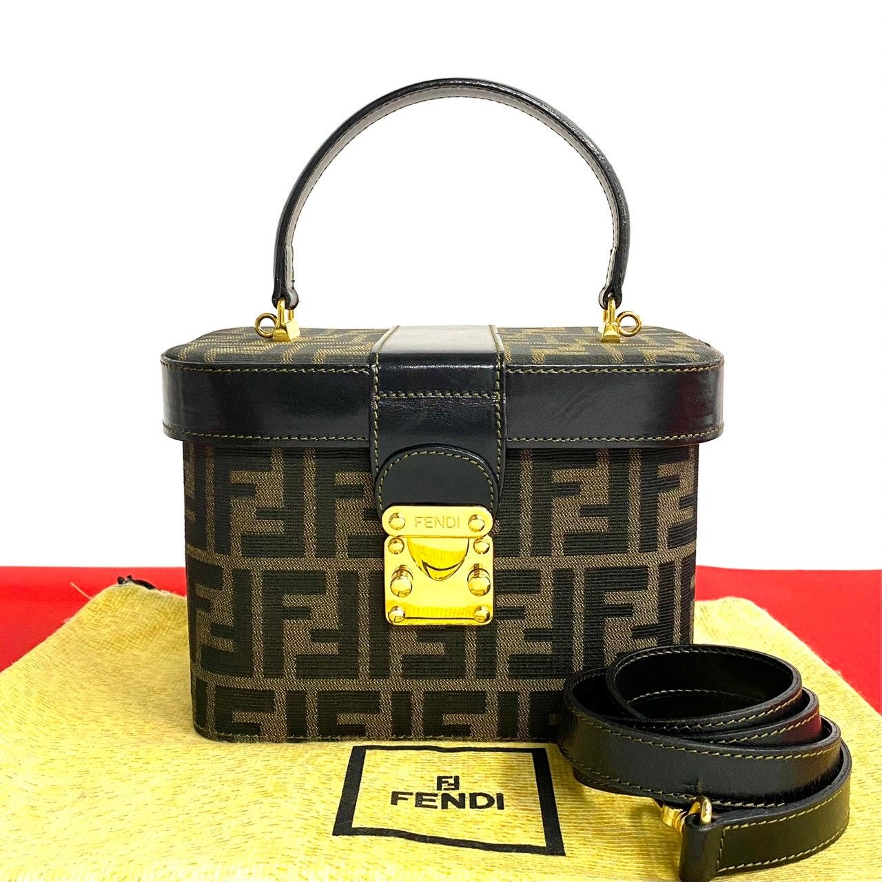FENDI フェンディ ズッカ バニティ 2way ハンドバッグ ショルダーFF 極 美品 FENDI フェンディ ズッカ FF 柄 ロゴ 金具 レザー キャンバス