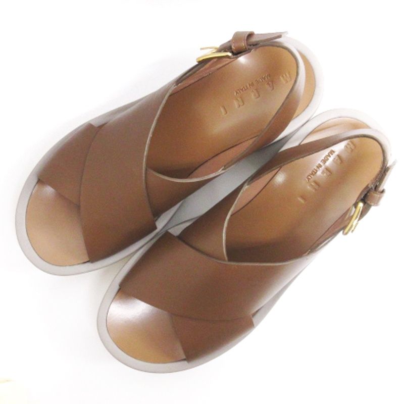【新品未使用】MARNI マルニ　ブラウン クロスストラップサンダル　37 箱付 MARNI（マルニ） クロスストラップ 厚底サンダル マルチ レディース