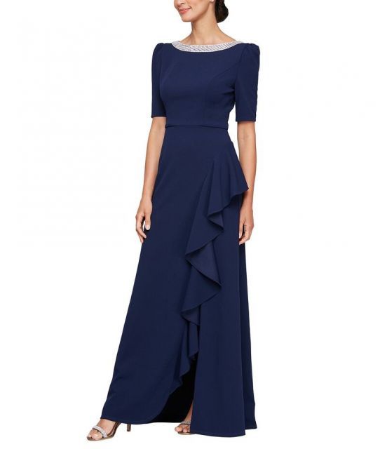 アレックスイブニングス レディース ワンピース トップス Crepe Embellished Boat Neck 3|4 Sleeve Ruffle Cascade A-Line Gown Navy