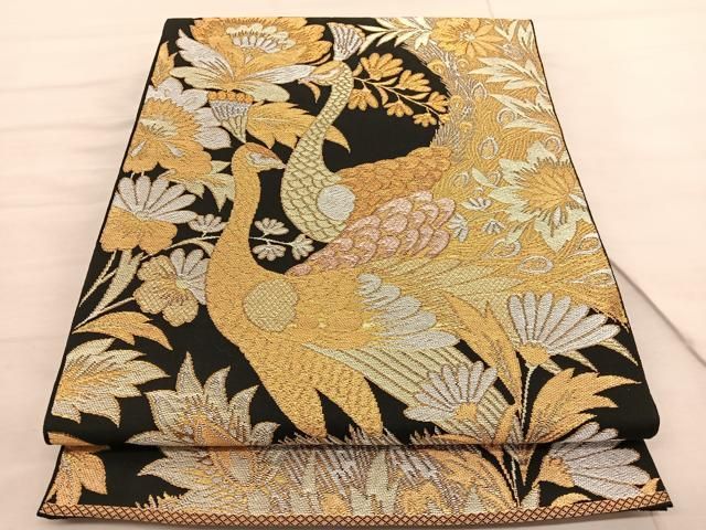 A 27袋帯 六通華紋帯 金糸 唐織 花 孔雀 着物 A 27袋帯 六通華紋帯