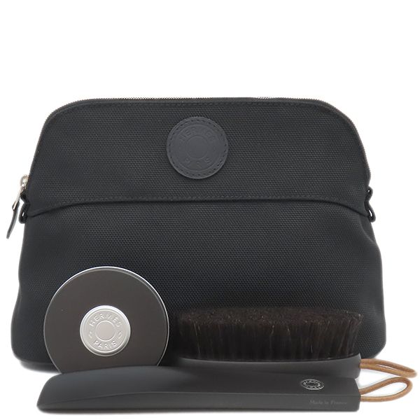 エルメス HERMES 小物 ボリードポーチ シューズケアセット コットン ポリエステル ブラック シルバー金具 靴ベラ ブラシ クリーム 161428ZH01