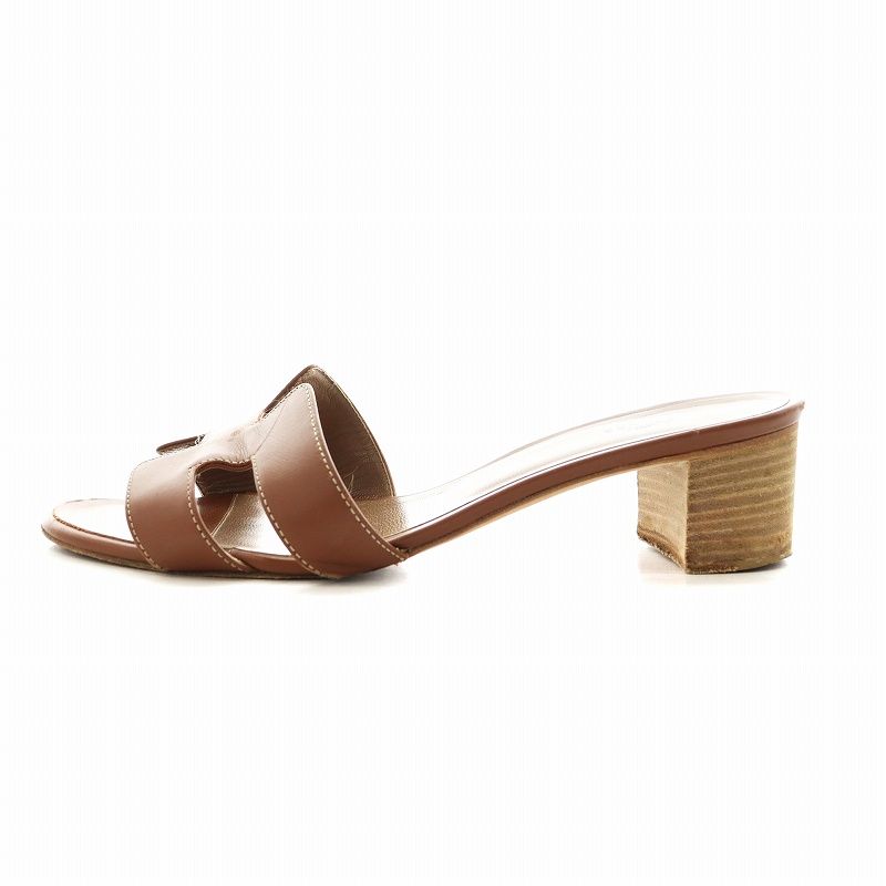 【エルメス】オアジス サンダル　ヒール　Hロゴ レザー　ブラウン　茶色　38 エルメス】オアジス サンダル ヒール Hロゴ レザー ブラウン 茶色 38