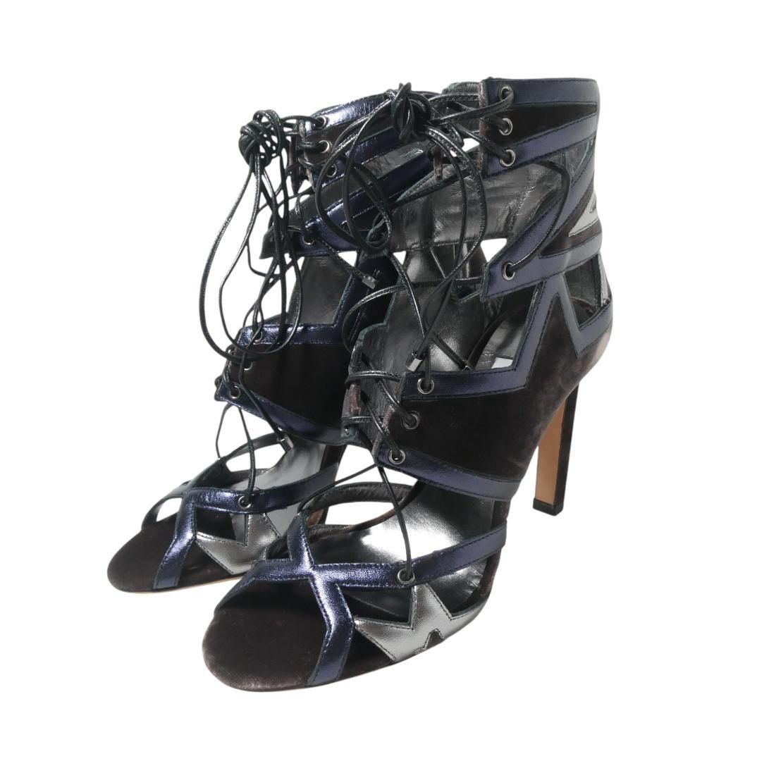 未使用 JIMMY CHOO ジミーチュウ DENNEY100 サンダル パンプス レースアップ オープントゥ ベルベット パテントレザー マルチカラー サイズ36 約23cm レディース