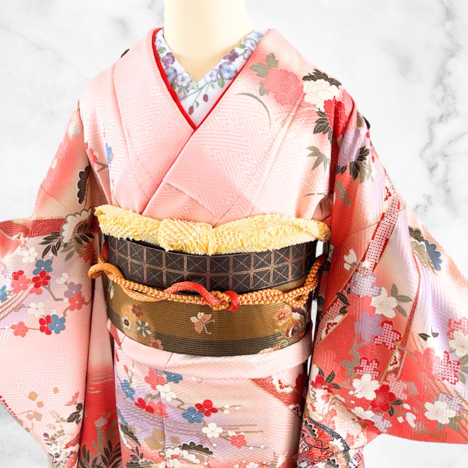 Furisode Kimono Full Set Pink with Floral Design Reversible