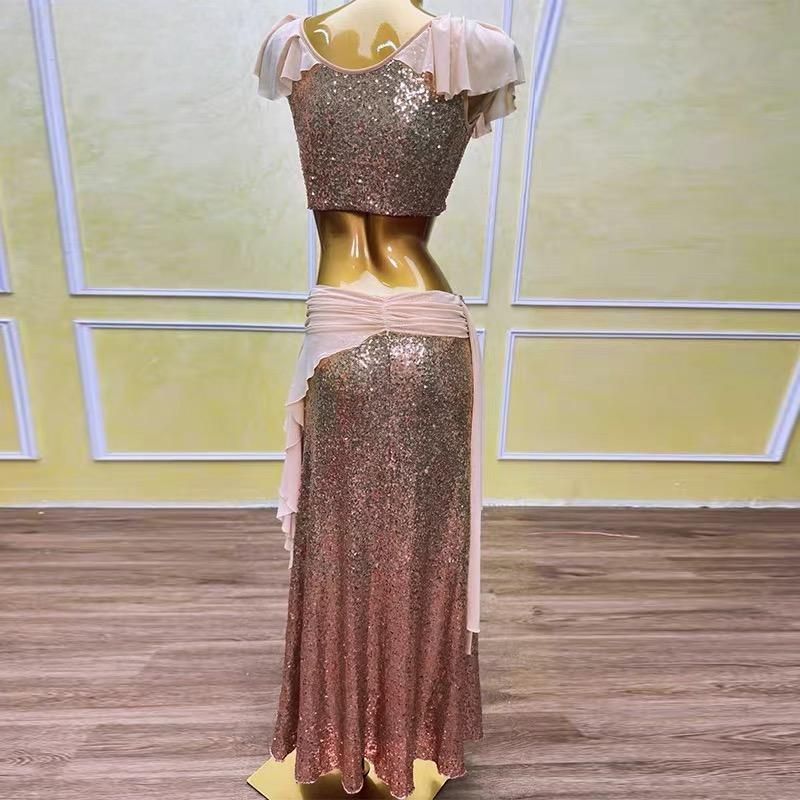 ベリーダンス オリエンタル衣装 トップス スカート オーダーメイド ステージ衣装 スパンコールセットアップ ピンク