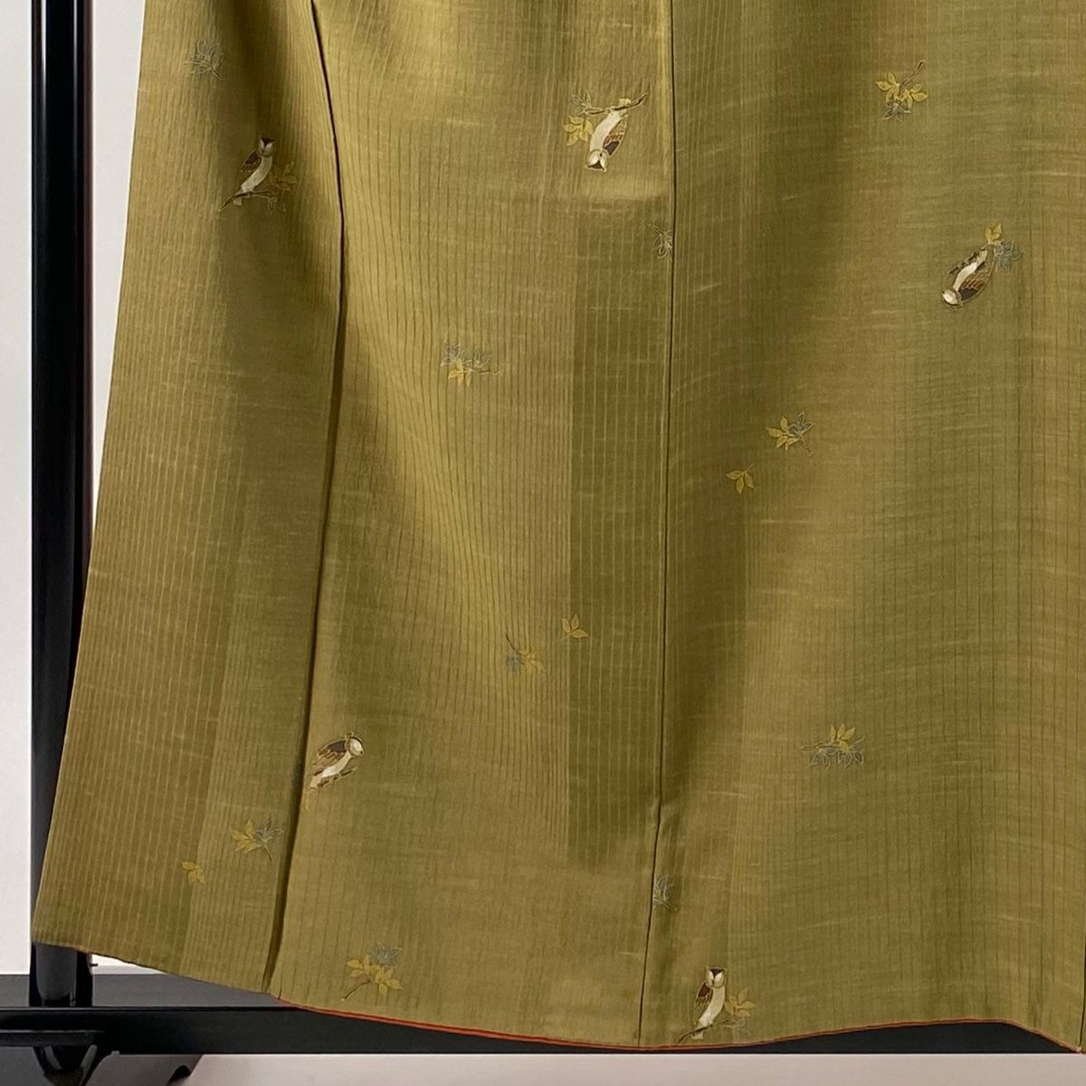 小紋 身丈157.5cm 裄丈65.5cm M 袷 ふくろう 金彩 鶯色 正絹 名品 MORNINGWALKER_COM