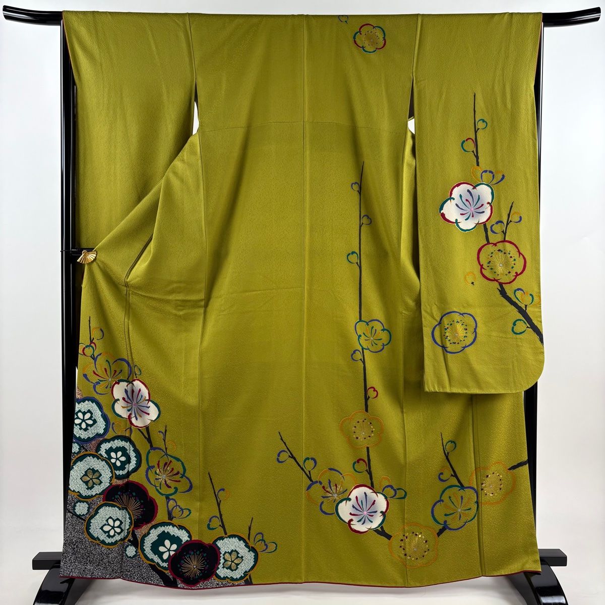 振袖 身丈164cm 裄丈66cm M 袷 梅 金銀彩 よもぎ色 正絹