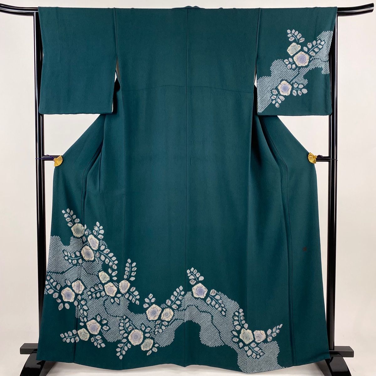 訪問着 身丈162.5cm 裄丈65.5cm M 袷 落款 辻が花柄 疋田柄 絞り 深緑 正絹 名品