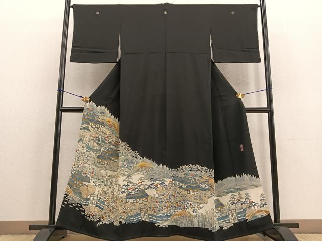 黒留袖 本場加賀友禅染 柿本市郎 誰が袖 作家物 落款入 正絹 袷 広衿 比翼付 礼装 フォーマル 仕立て上がり 身丈165cm 黒留袖 本場加賀友禅染 柿本市郎 誰が袖 作家物 落款入 正絹 袷 広衿