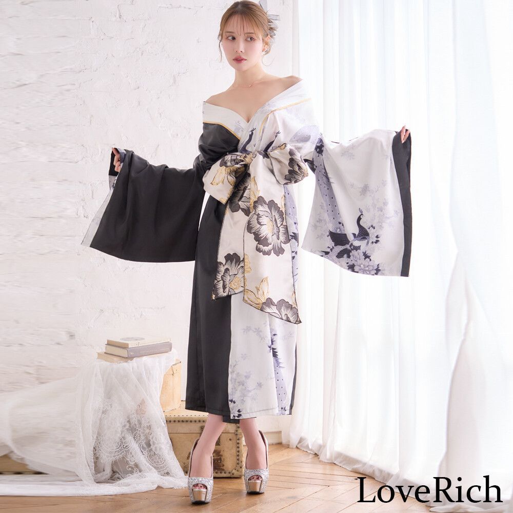 LoveRich ラブリッチ 2点セット バイ 鶴柄 和柄 花柄 ロング オフショル 豪華 花魁 着物 ドレス コスプレ イベント ハロウィン 1531