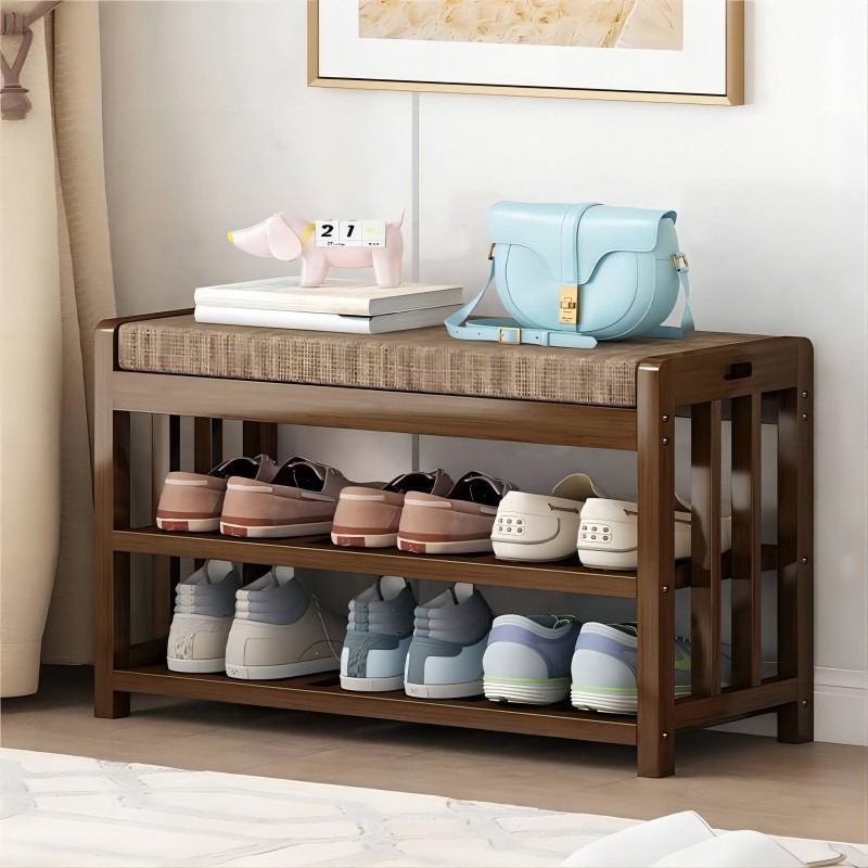 AORTD 玄関ベンチ 3段式靴収納 シューズラック 玄関収納 収納ベンチ 竹製 玄関椅子 反発クッション 室内 靴棚 靴入れ 組立簡単 コンパクトで省スペース 下駄箱 靴箱 シューズボックス おしゃれ スリム スリッパラック