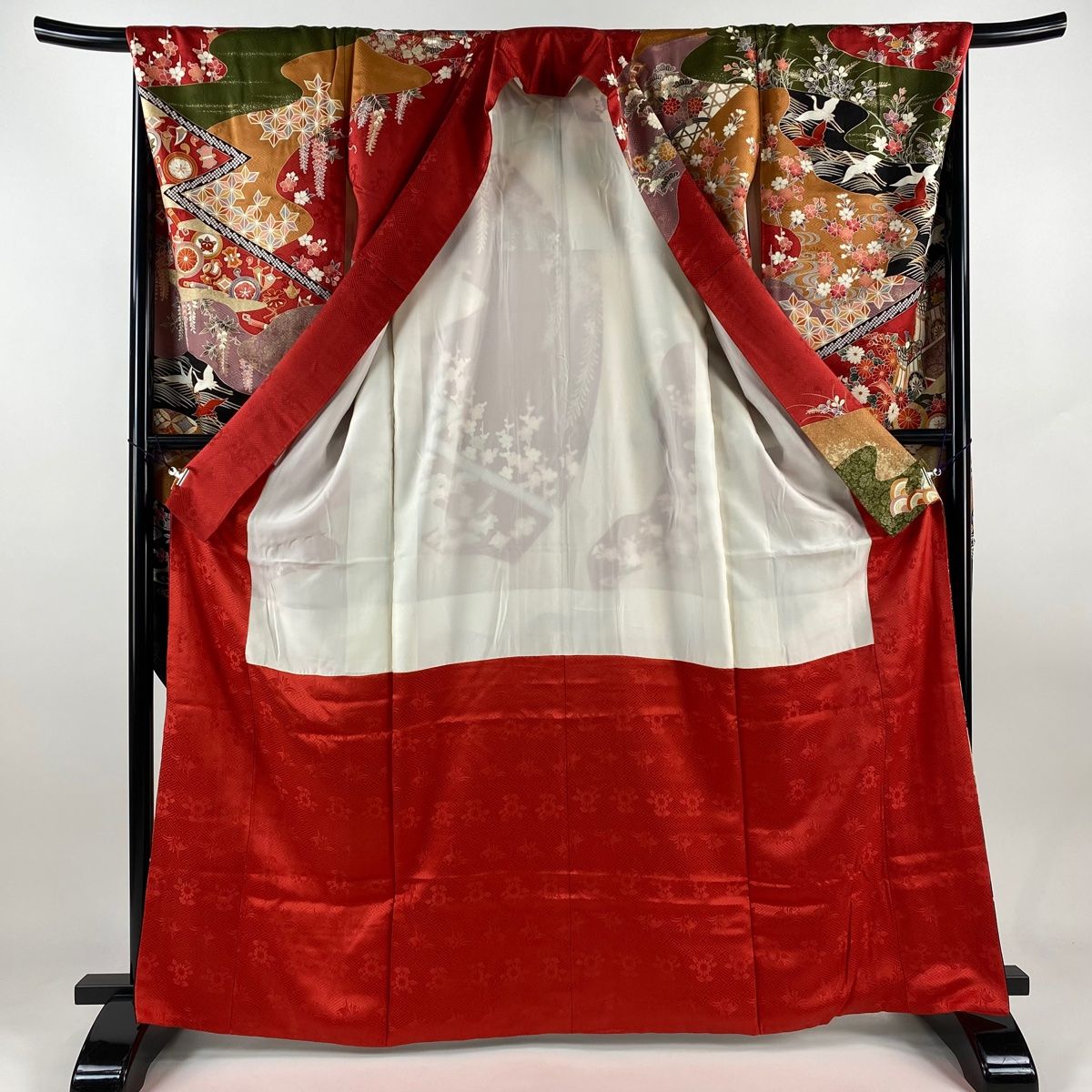 振袖 身丈164.5cm 裄丈66.5cm M 袷 御所車 花鳥 金糸 金銀彩 赤