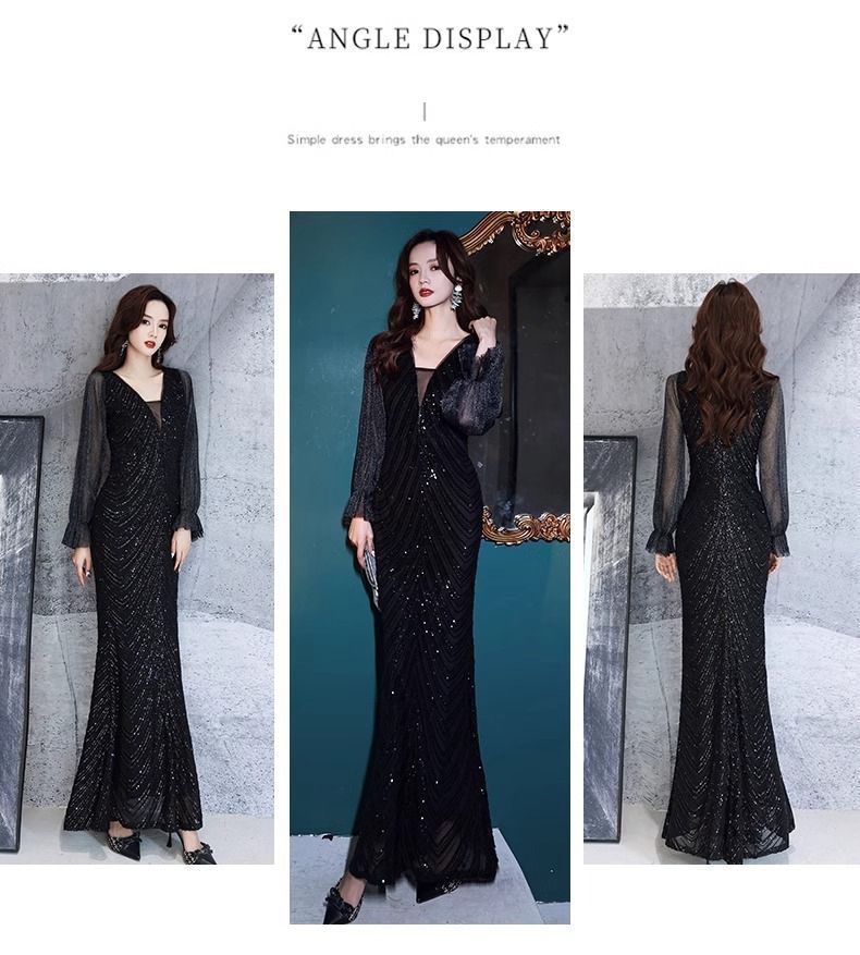 ドレス ロングドレス イブニングドレス ワンピース ロング丈 演奏会 大きいサイズ お呼ばれドレス Vネック キラキラ 二次会 お呼ばれ 結婚式 発表会 黒ドレス 上品 ピアノ発表会 同窓会 成人式 韓国