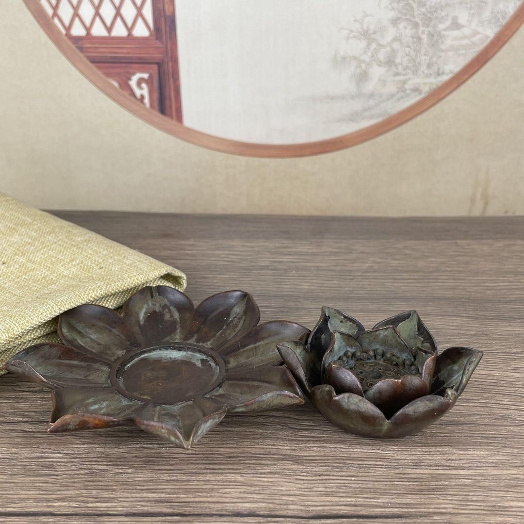 銅製 蓮花香挿 墨盤 茶道具 書道具 禅意 装飾品 工芸品 置物