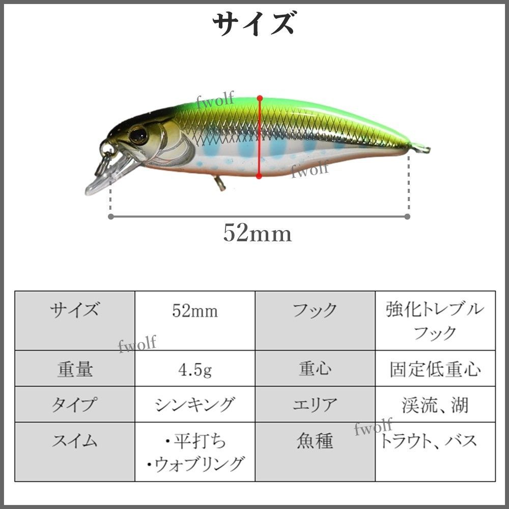 渓流 ルアー 5個 セット トラウトルアー シンキングミノー 52mm 4.5g