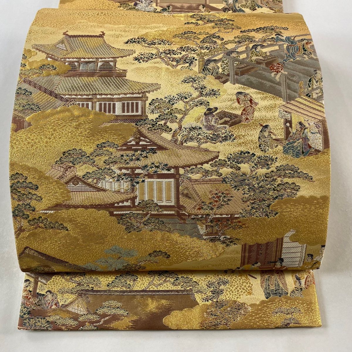 袋帯 美品 秀品 洛中洛外図 人物 金糸 箔 金色 六通 正絹 【中古