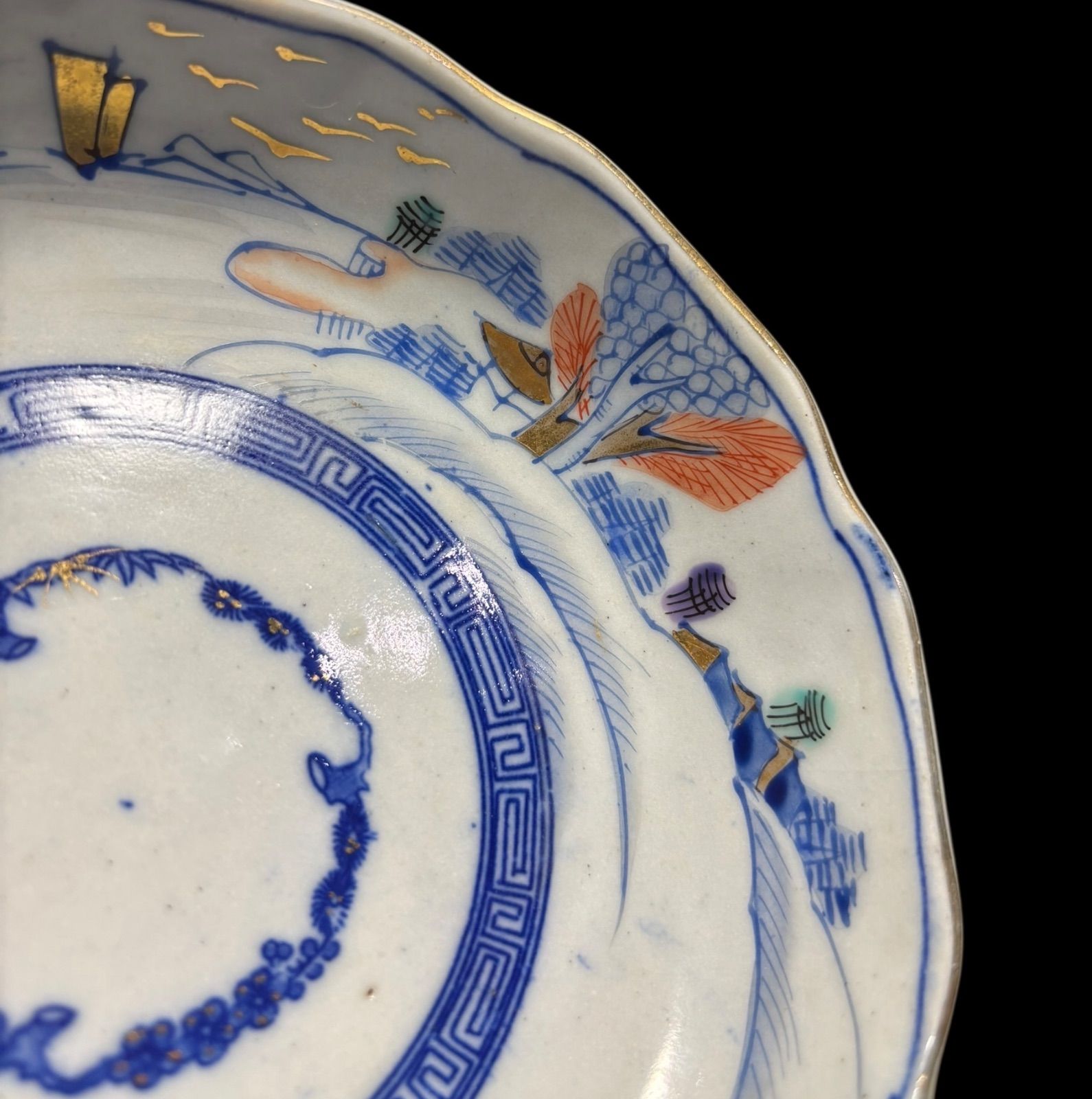 古伊万里 なます皿 [松竹梅鳥山水風景図] 色絵 金彩 染付 丸皿