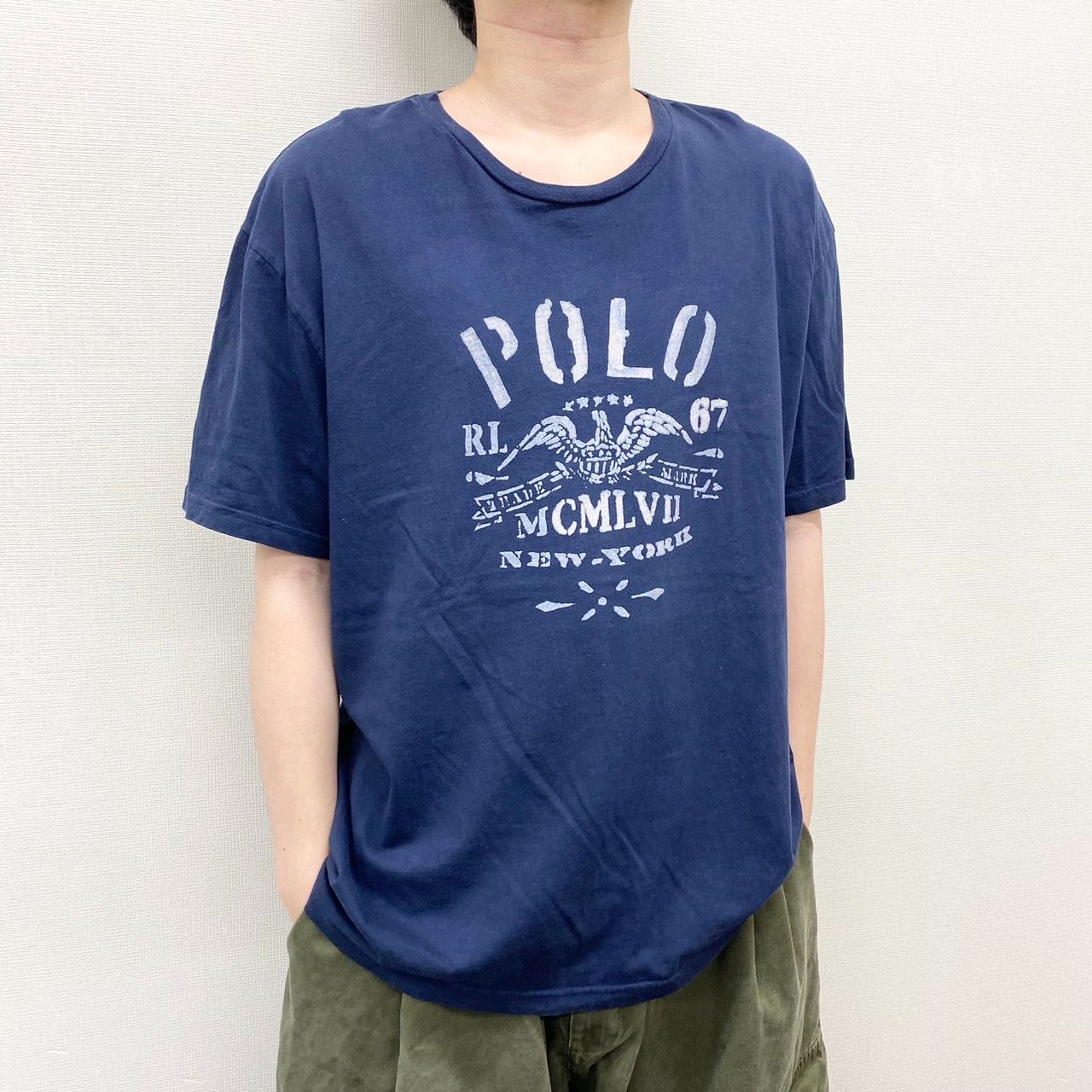 US古着 ポロ ラルフローレン Tシャツ 半袖 ステンシル プリント XL ネイビー