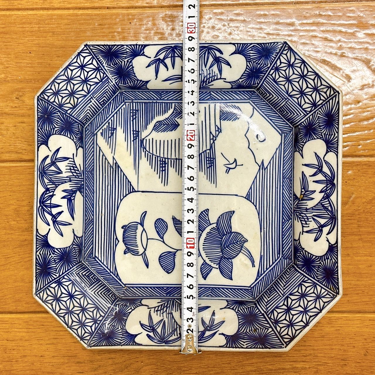 古伊万里 手描き 染付 隅切り 角皿 明治時代 大皿 八角皿 アンティーク