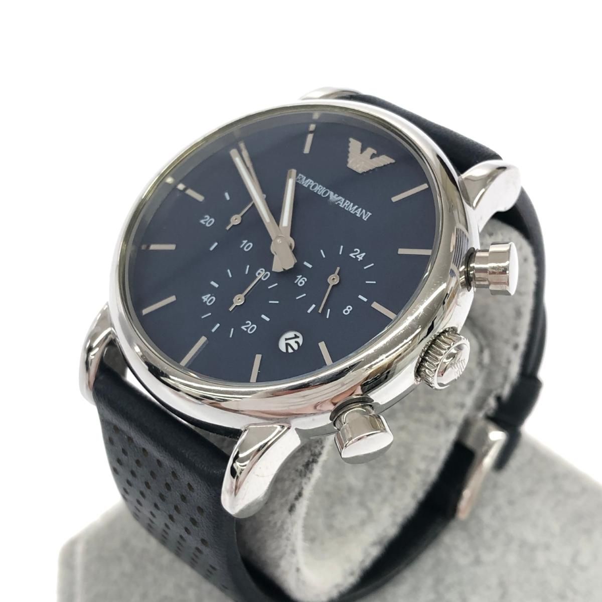 EMPORIO ARMANI エンポリオアルマーニ 腕時計 AR-1736 ブラック|シルバー SS レザー メンズ クロノグラフ 240001136672