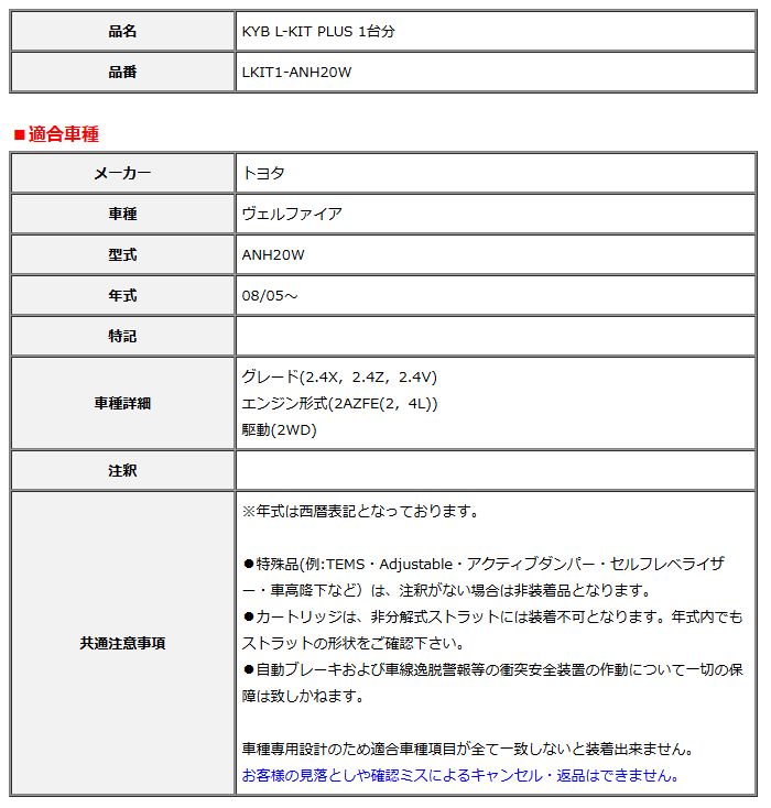 KYB カヤバ エルキットプラス L-KIT PLUS 1台分 ヴェルファイア ANH20W 08 05～ LKIT1-ANH20W