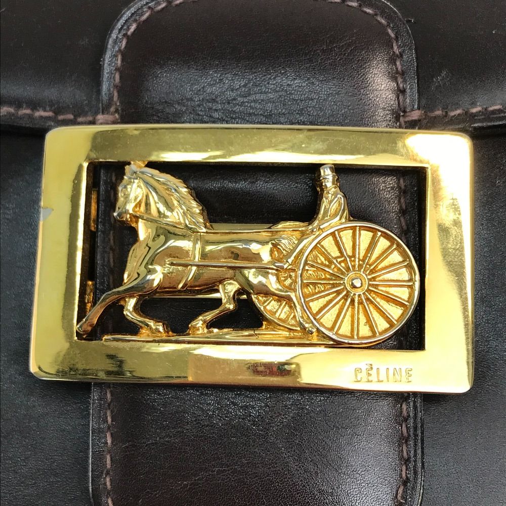 セリーヌ ヴィンテージ 馬車金具 ショルダーバッグ レザー ダーク