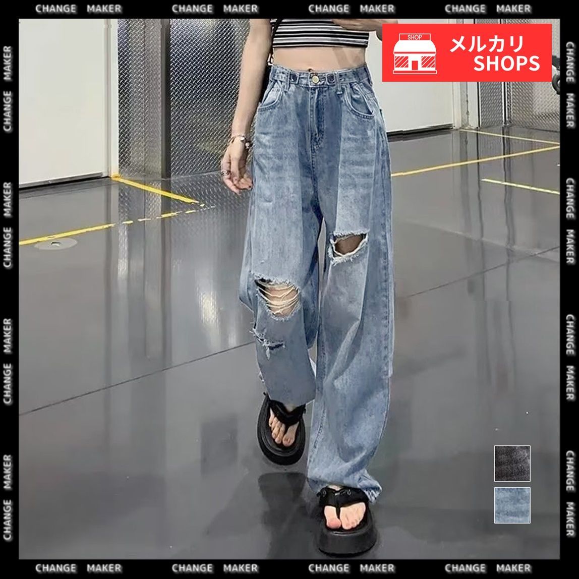 ダメージジーンズ レディース デニムパンツ 韓国 ハイウエスト