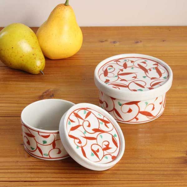 3Pセット）瀬戸焼 便利な器 赤絵唐草 丸蓋物／小 ※陶器,高級感,高