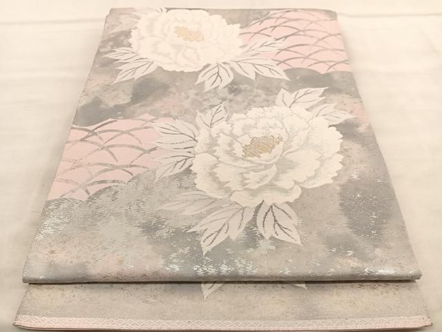 平和屋着物◎西陣 服部織物謹製 六通柄袋帯 牡丹 こはく錦 手工芸 金