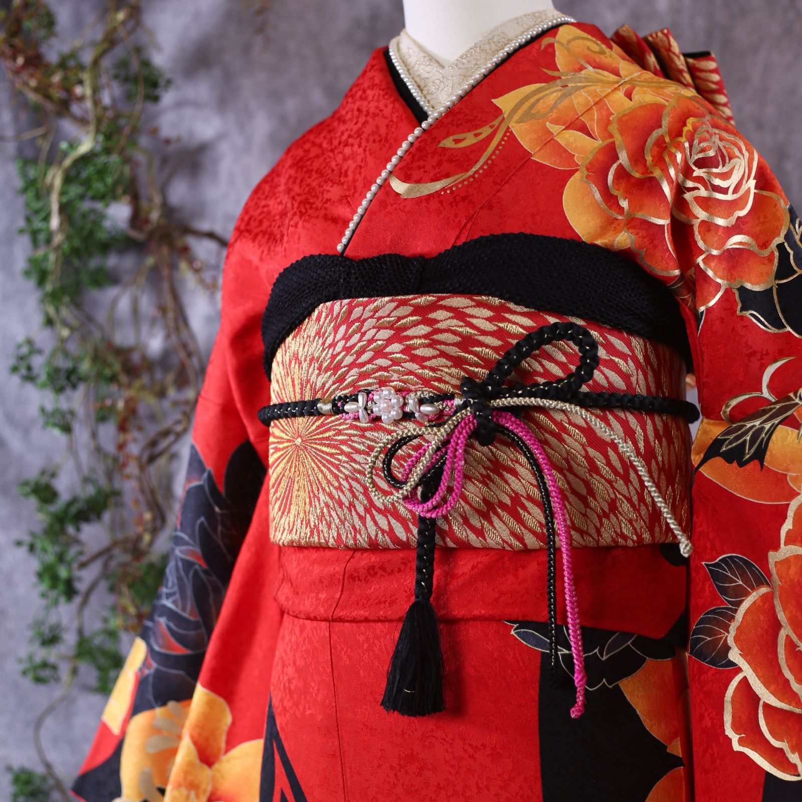 振袖フルセット 振袖セット 振袖 Lサイズ 中古 赤×バラ 美品 成人式 