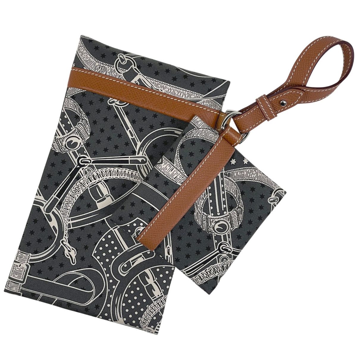 エルメス HERMES アヴェックソワ ポケット コンパクト バッグチャーム アクセサリーポーチ シルク グリ ミスティ ゴールド レディース