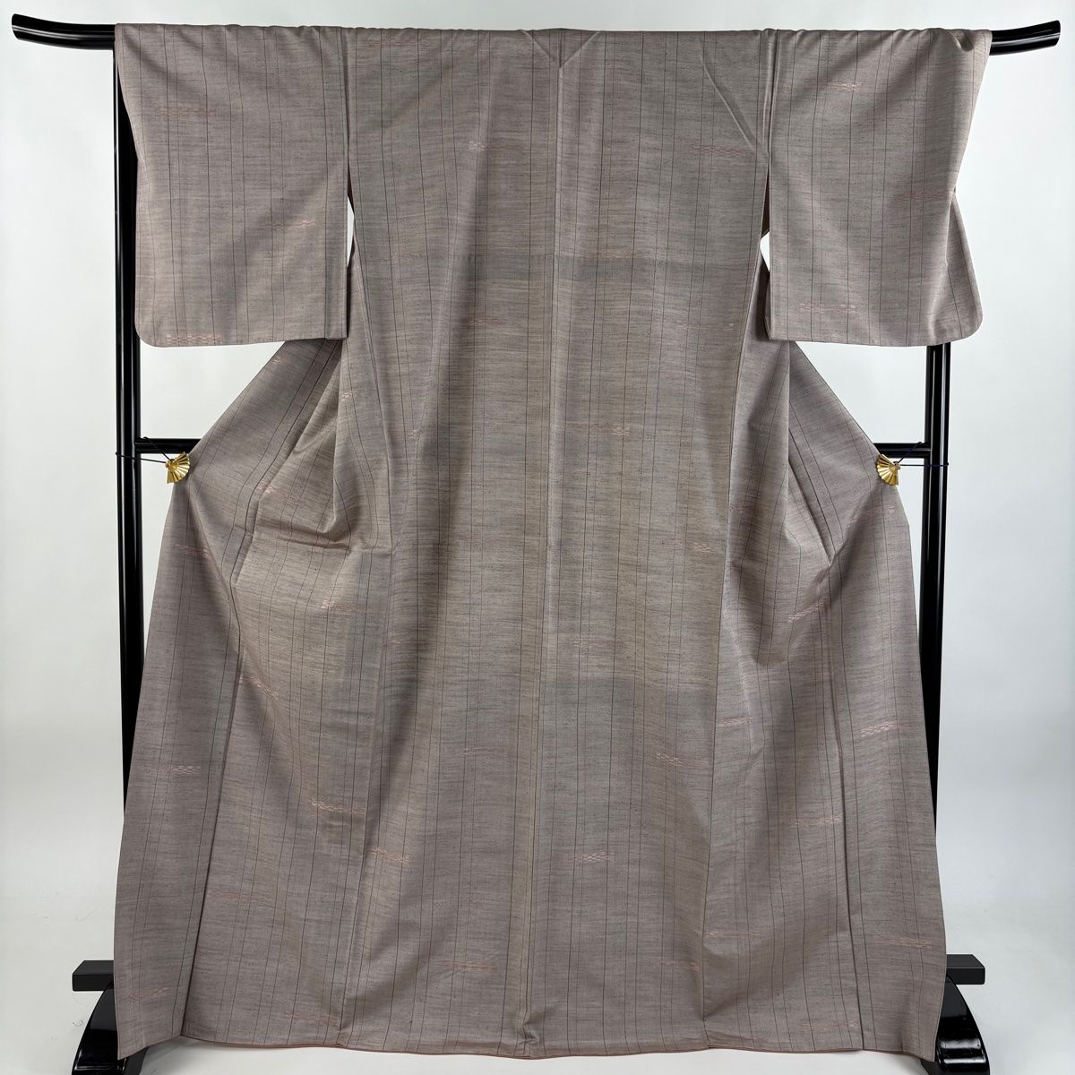 小紋 身丈171cm 裄丈70cm L 袷 紬地 縦縞 幾何学模様 薄小豆 正絹 秀品