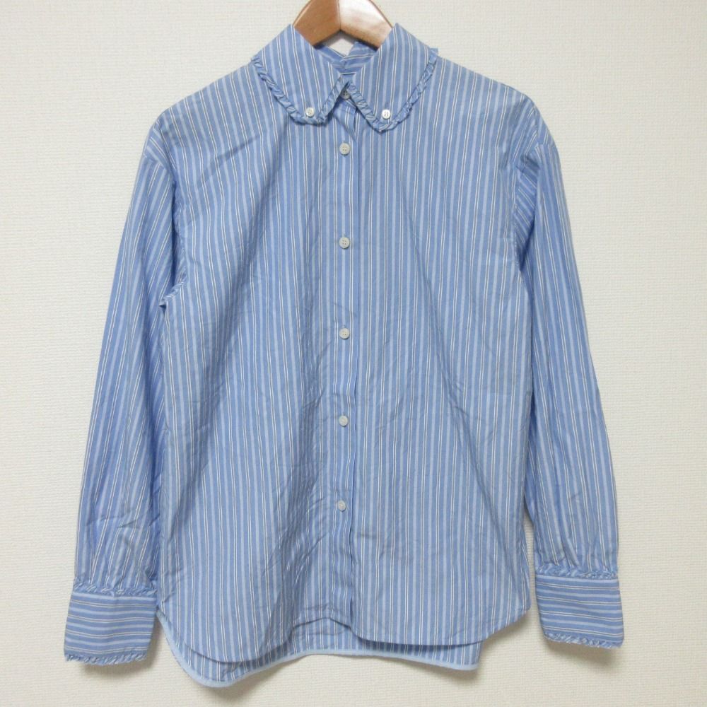 24AW yori ヨリ ミニフリル ストライプシャツ ブラウス YR21-24136AW サイズ36 ブルー レディース 古着