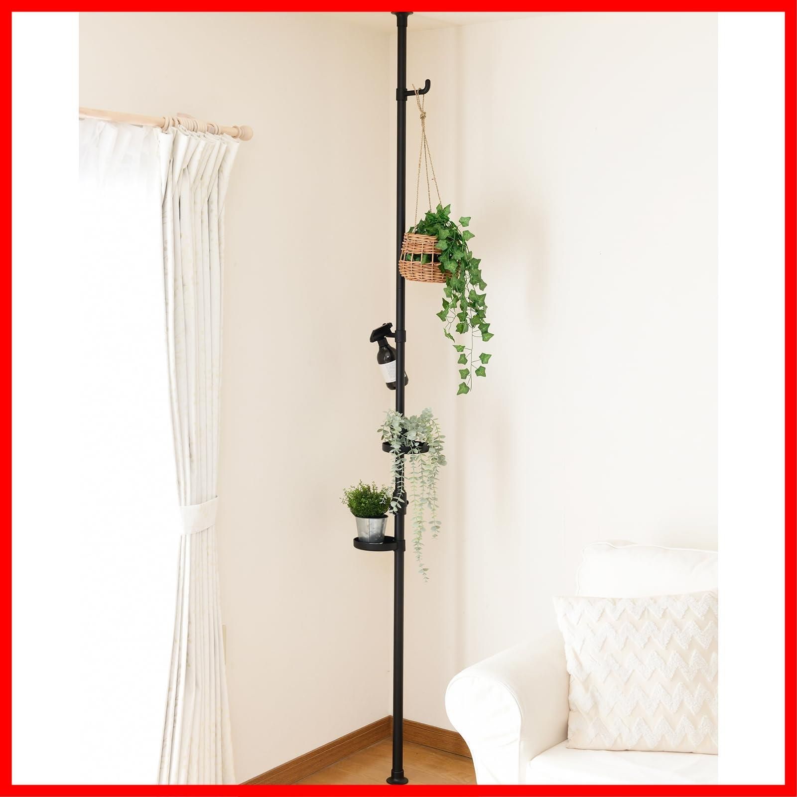 【在庫処分】フラワースタンド 幅30×奥行30×高さ190-260cm 室内 (実用新案取得済) トレー2個・フック2個付き ワンタッチ突っ張り プランタースタンド 組立品 ポールハンガー マットブラック ラ