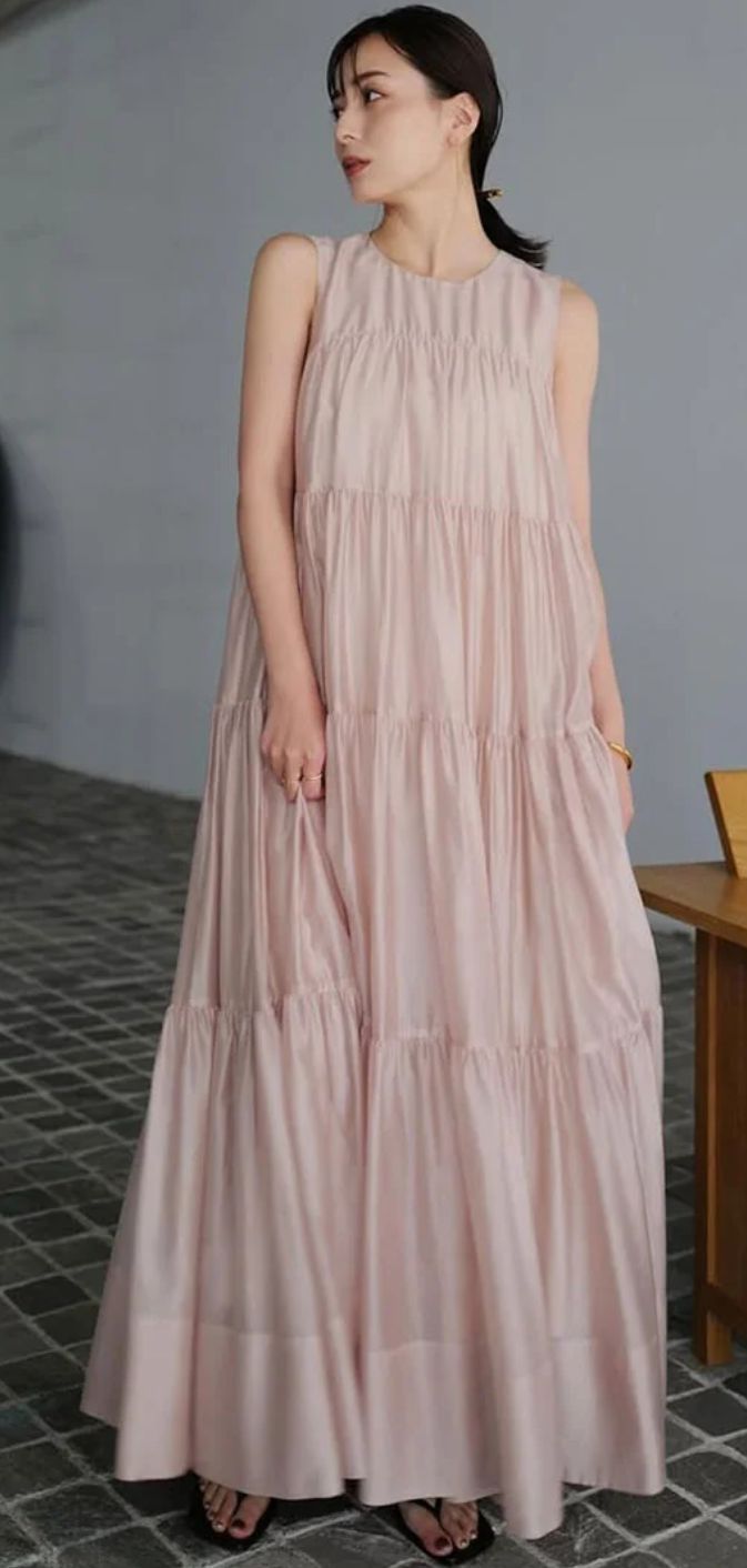 ♥ 20％off anuans テンセルリッチオーガンティアードワンピース PINK BEIGE mサイズ