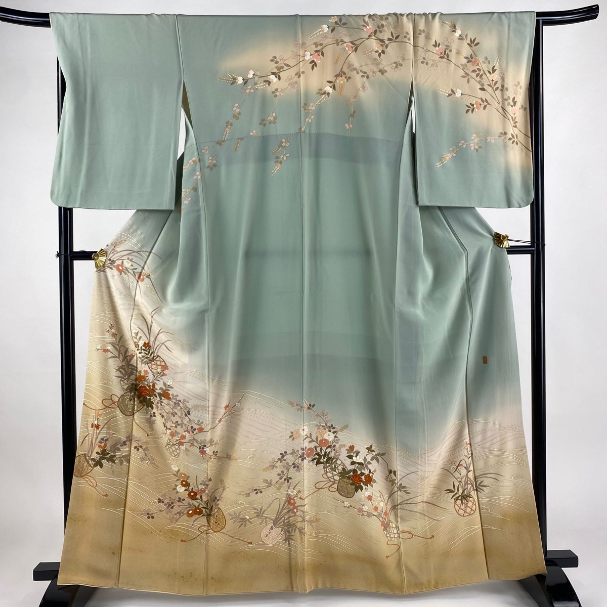 訪問着 身丈162cm 裄丈67cm M 袷 落款 花籠 波 金糸 金彩 灰緑 正絹 名品