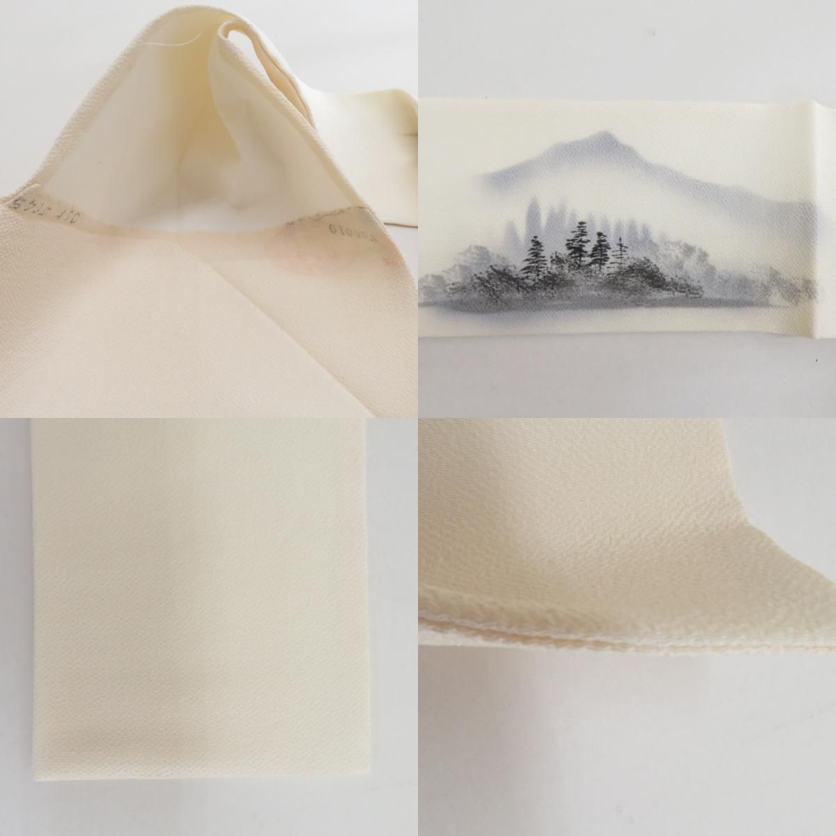 名古屋帯 染帯 正絹 風景柄 水墨画調 お太鼓柄 白x黒 縮緬 カジュアル 長さ369cm