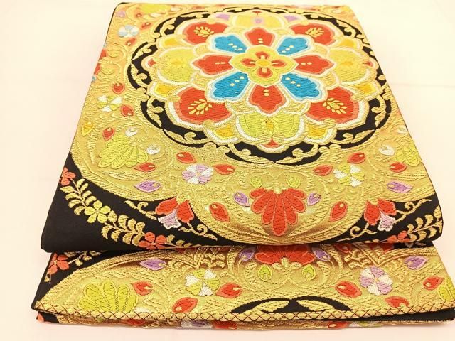 平和屋着物◎六通柄袋帯 唐織 正倉院花文 黒地 金銀糸 正絹 逸品