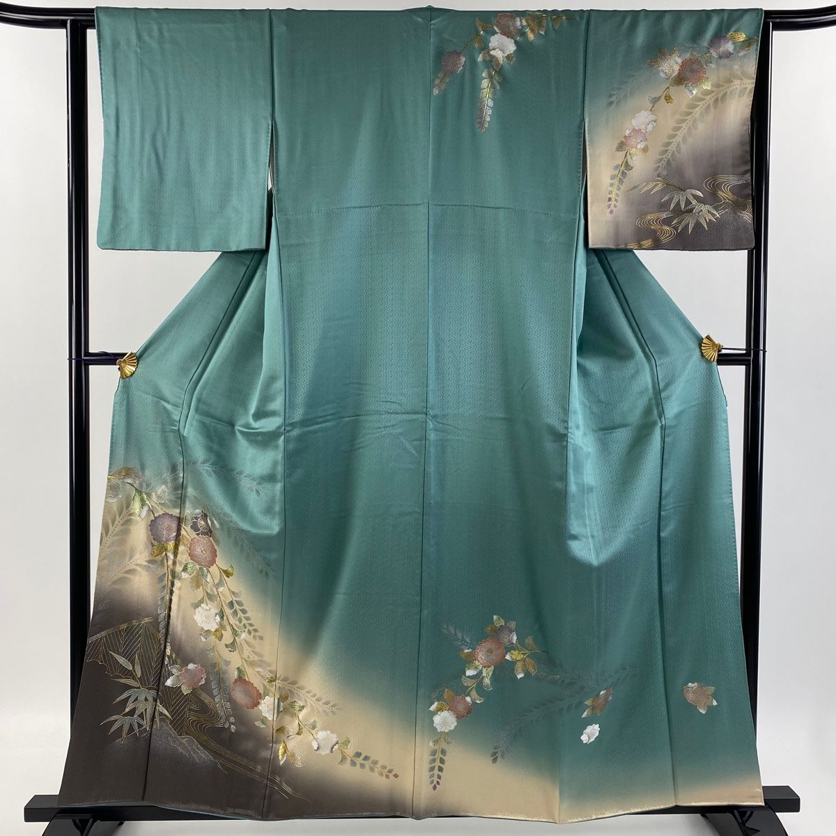 訪問着 身丈158cm 裄丈63.5cm S 袷 辻が花柄 笹 金銀彩 ぼかし 薄青緑 正絹 秀品