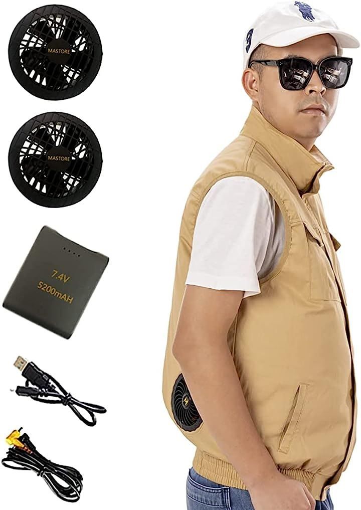 MASTORE ファン付きベスト バッテリーファンセット 作業着 ファン服 ワークウェア フルセット(カーキ，  L Regular)