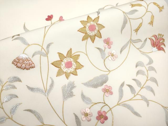 平和屋本店□極上 塩瀬 九寸名古屋帯 駒刺繍 花唐草文 金銀彩 白地