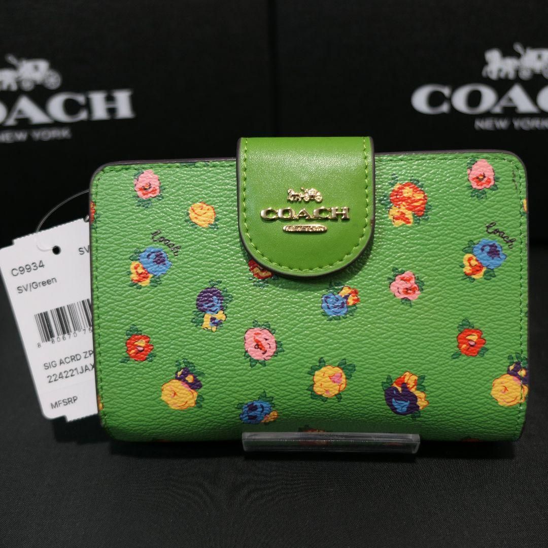 新品COACH コーチ 折り財布 ネオングリーン ヴィンテージローズ 花柄 緑色 - メルカリ