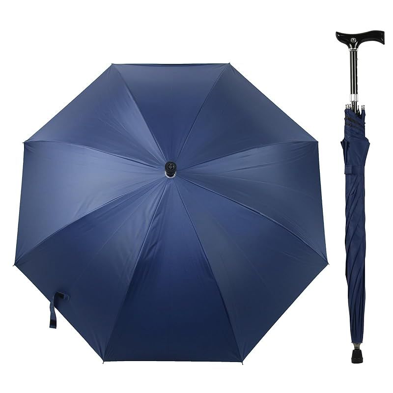 杖傘 F-SEASONS 高さ調整 ステッキ傘 長さ可変式 ステッキ 傘 一脚杖 ワンタッチ 晴雨兼用 UVカット 遮熱効果 長傘 祖父母 プレゼント 杖 自動開 散歩 ハイキング 旅行 行列 運動会 シニア ダークブルー