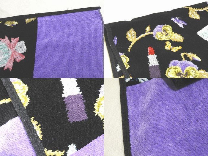 FEILER フェイラー バスタオル コットン パイル地 コスメ柄 パンジー柄等 総柄 ブラック パープル系 7J