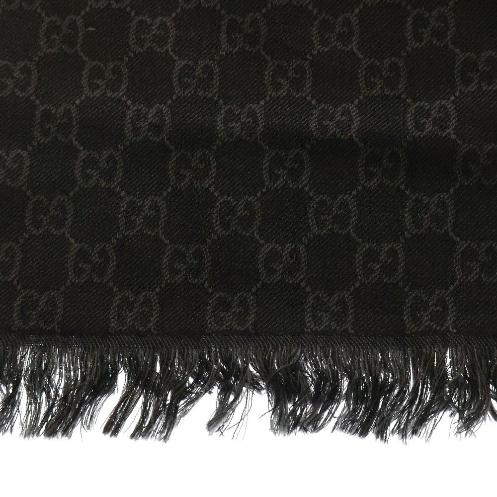 【激安アウトレット!】 GUCCI ブラック GG総柄フリンジ付ウールマフラー (グッチ) 小物