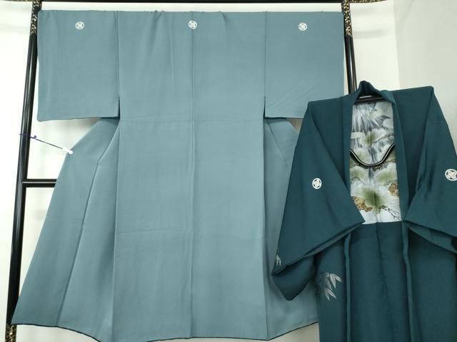 平和屋着物●男性 色紋付 羽織セット 長羽織 着物 御召御納戸色 羽織 百入茶色 正絹 DAAV6861ps