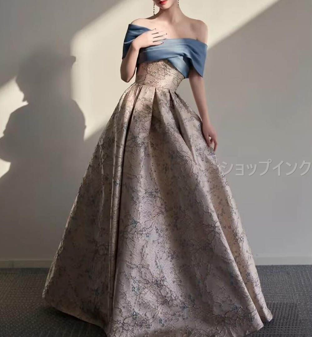 ドレス カクテルドレス ロングドレス ブルー系 パーティードレス オフショルダー 半袖 結婚式 二次会 発表会 演奏会 ステージ イブニングドレス 花柄 前撮り レトロ 2