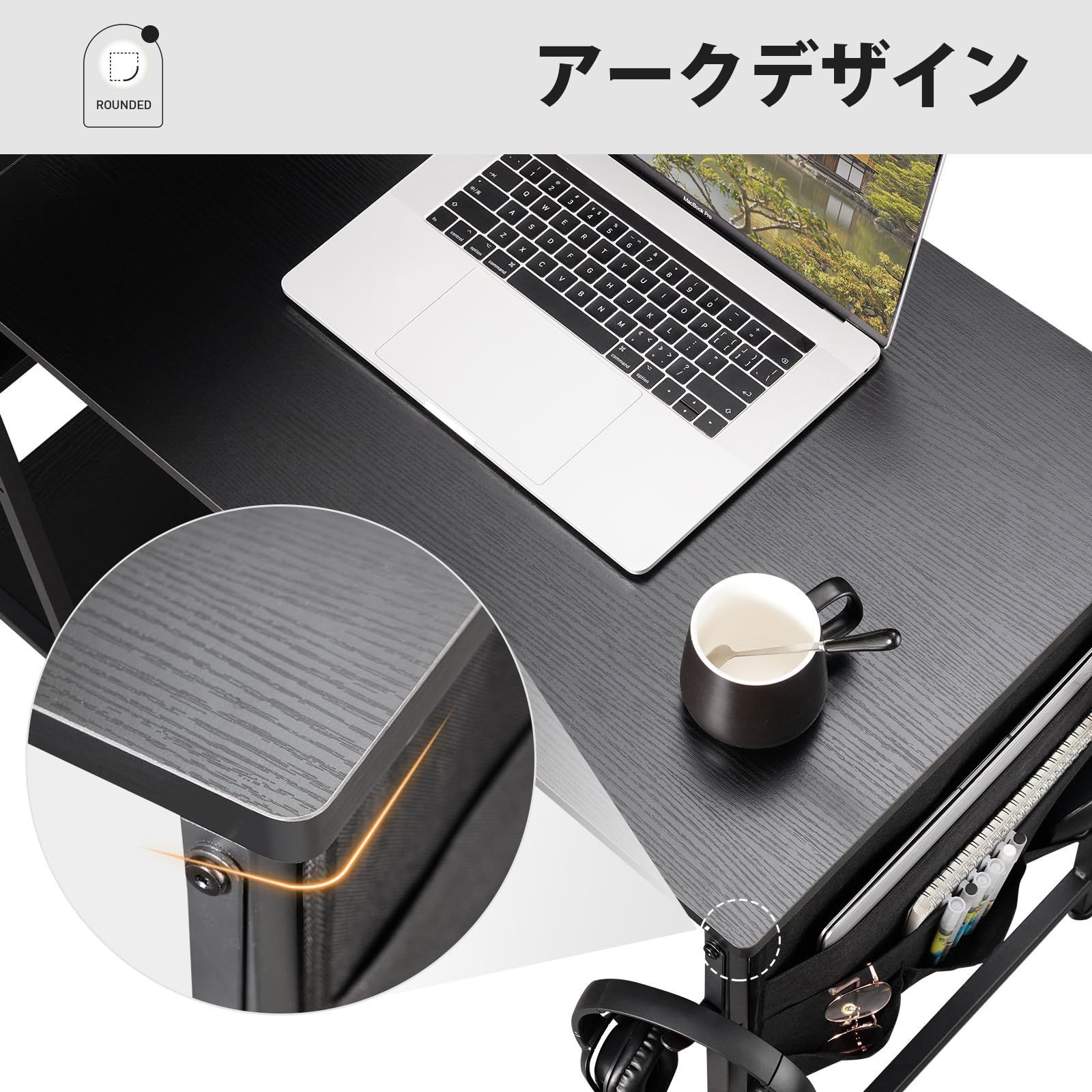 机 ラック付き pcデスク パソコンデスク YeTom 幅104cm×奥行48cm A4対応 在宅ワークデスク オフィスデスク 収納ラック 収納袋付き 勉強机 学習机 左右入替可 可動式棚板 テレワーク 黒い